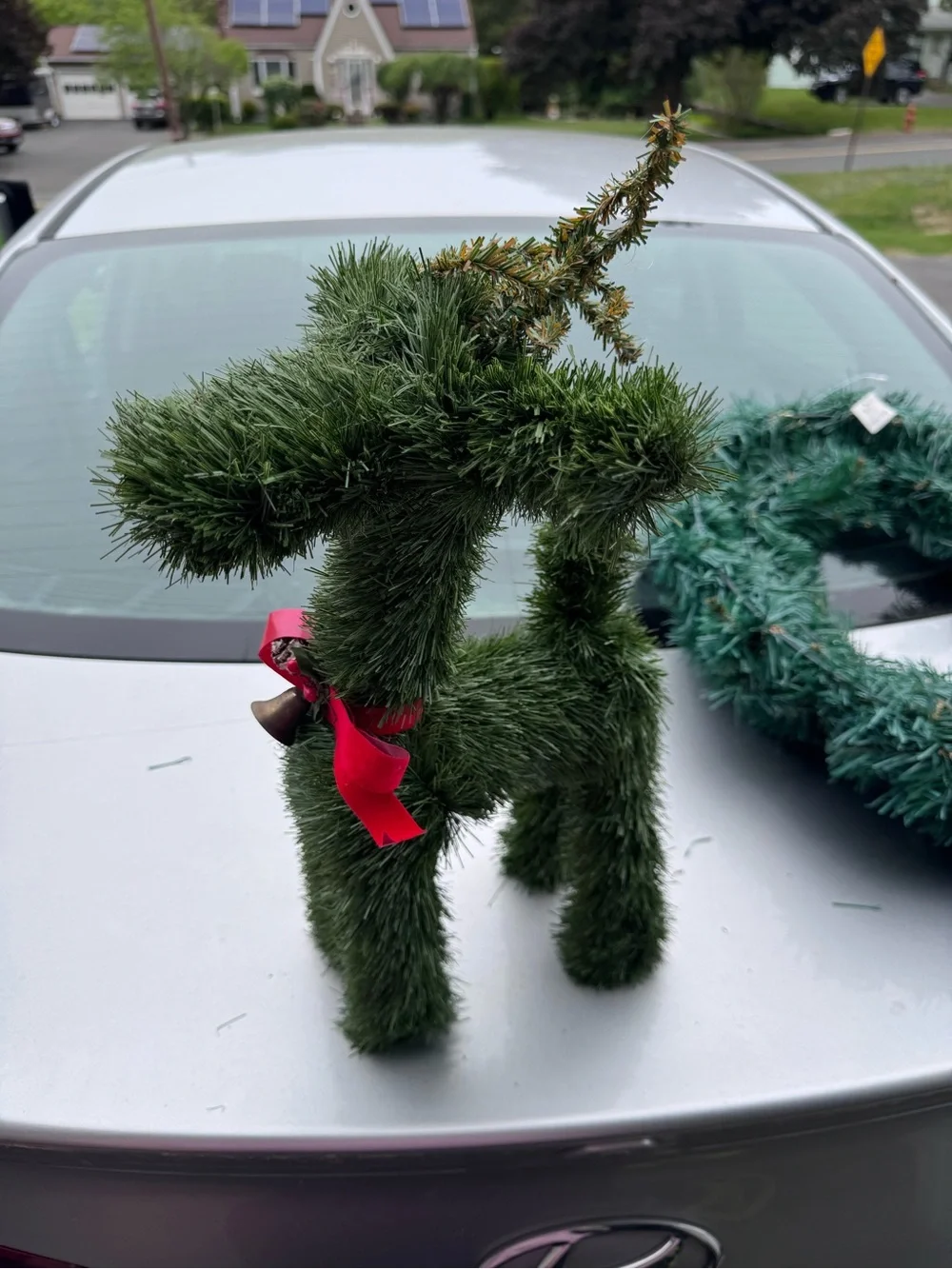 Green Artificial Grass Reindeer Decor with‎ Red Bow